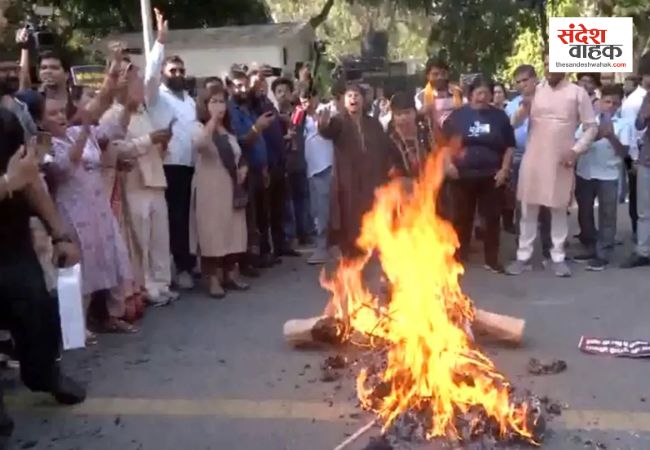 राहुल गांधी के आवास के बाहर BJP का प्रदर्शन, फूंका पुतला