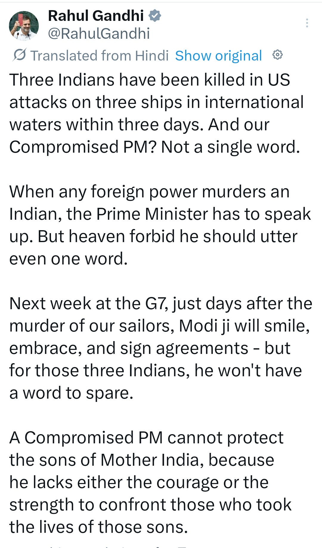 G7 से पहले राहुल गांधी का PM पर वार, बोले- भारतीयों की मौत पर क्यों खामोश हैं मोदी?